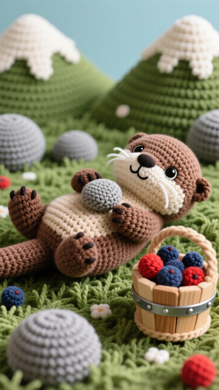 a baby otter with sleek fur and webbed paws is shown floating on its back holding a small pebble on its chest within a mountain meadow with scattered boulders, accompanied by a small wooden bucket half filled with berries, capturing a peaceful, drowsy calm settling over the scene.