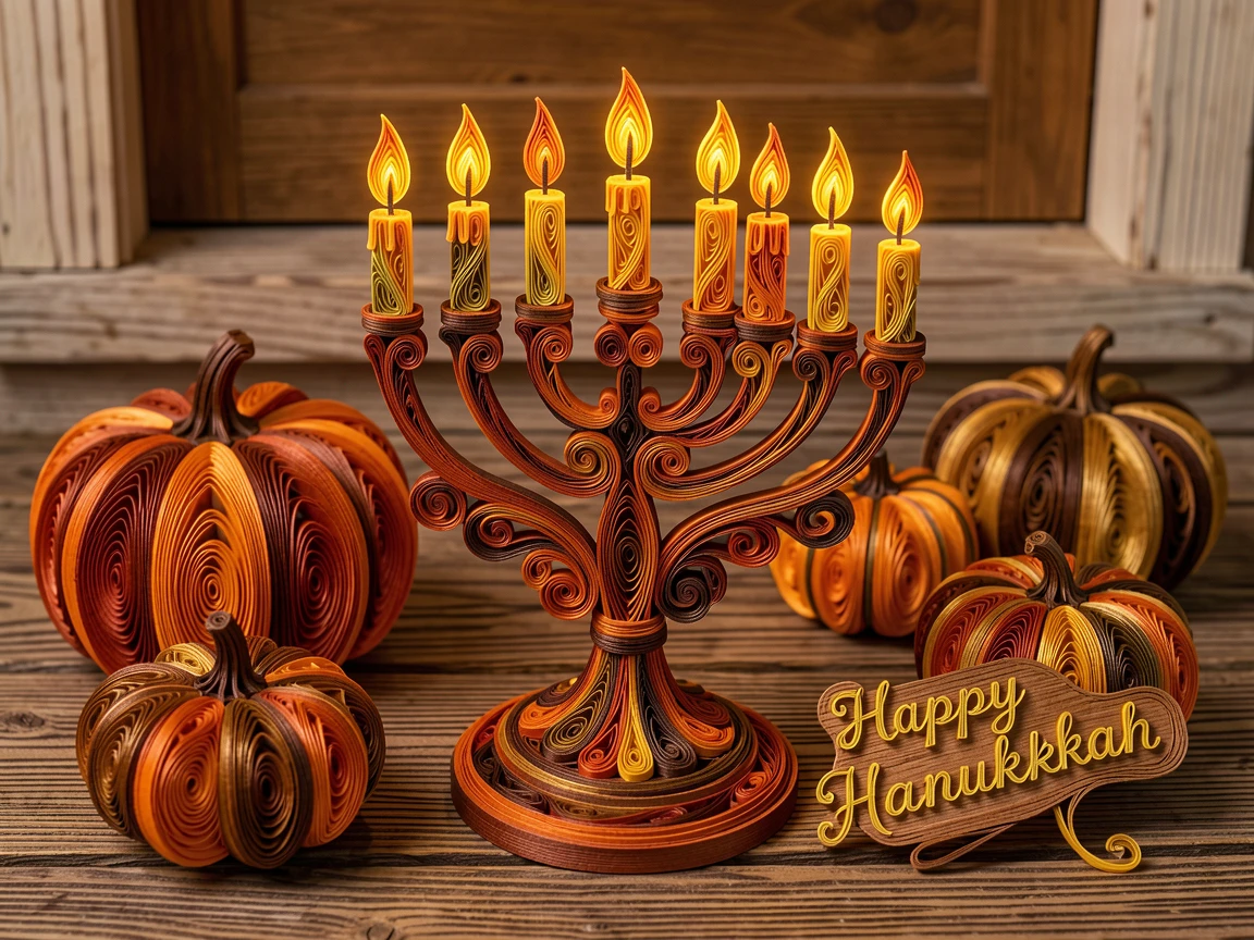 a Hanukkah menorah glowing with lit candles, on a cozy porch decorated with autumn gourds, shown from a warm, intimate close-up perspective, in warm autumn tones of orange, rust, and brown.