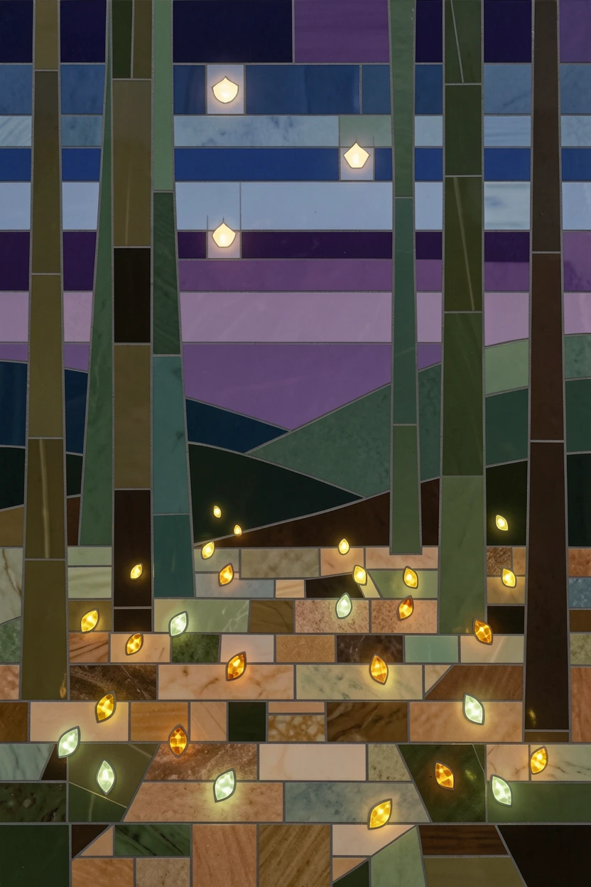 A quiet forest clearing filled with glowing fireflies at twilight.