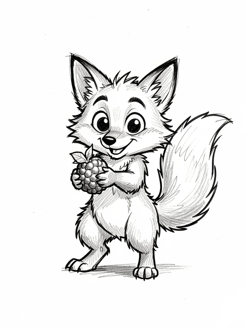 A fuzzy baby fox carrying a berry like a trophy.