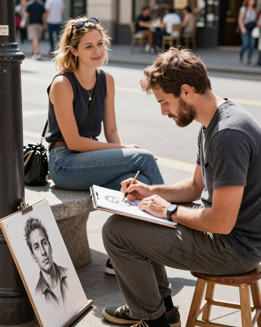 A street artist sketching a portrait of a tourist
