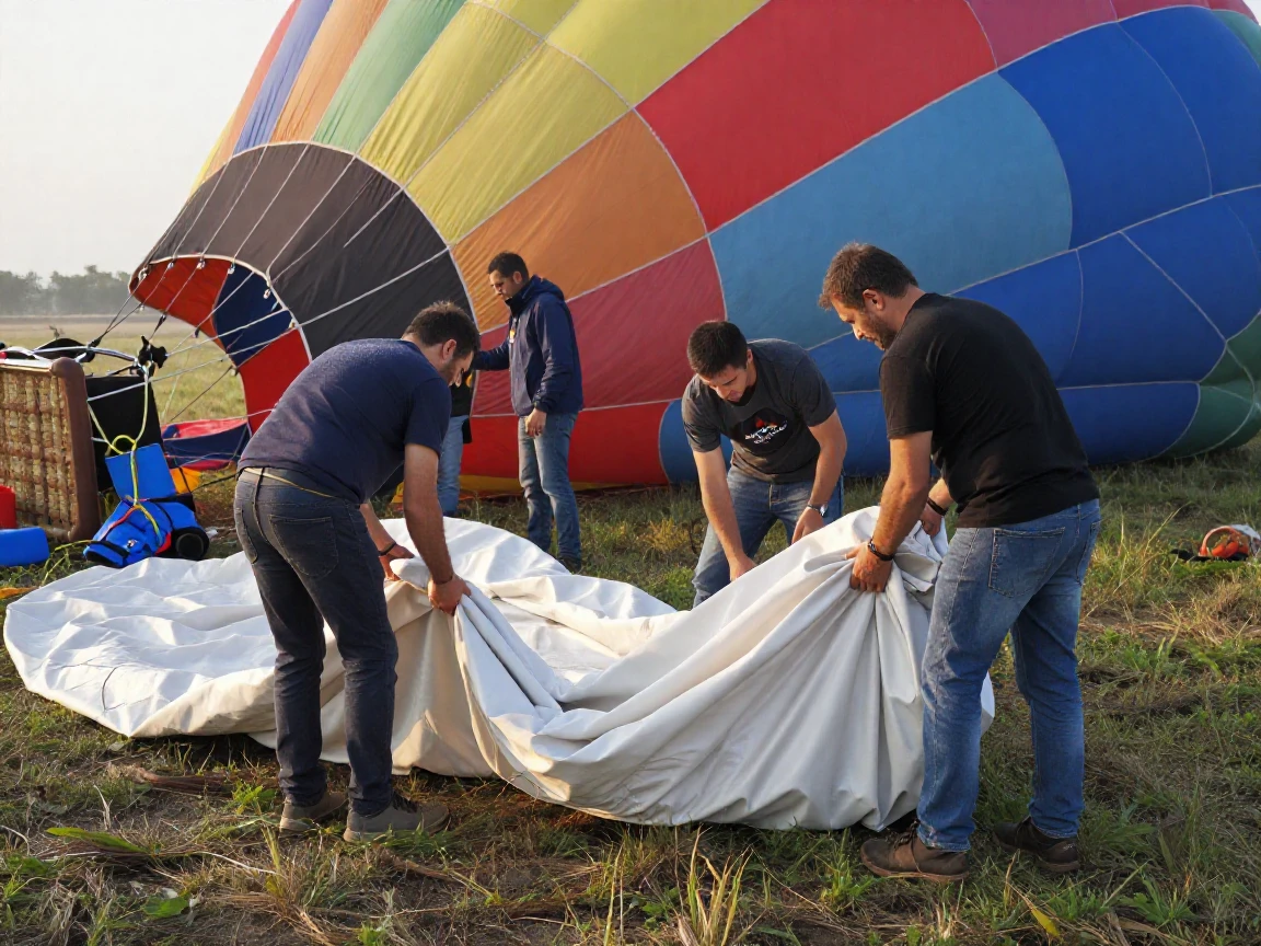 A hot air balloon crew packs up the massive envelope after a morning flight.