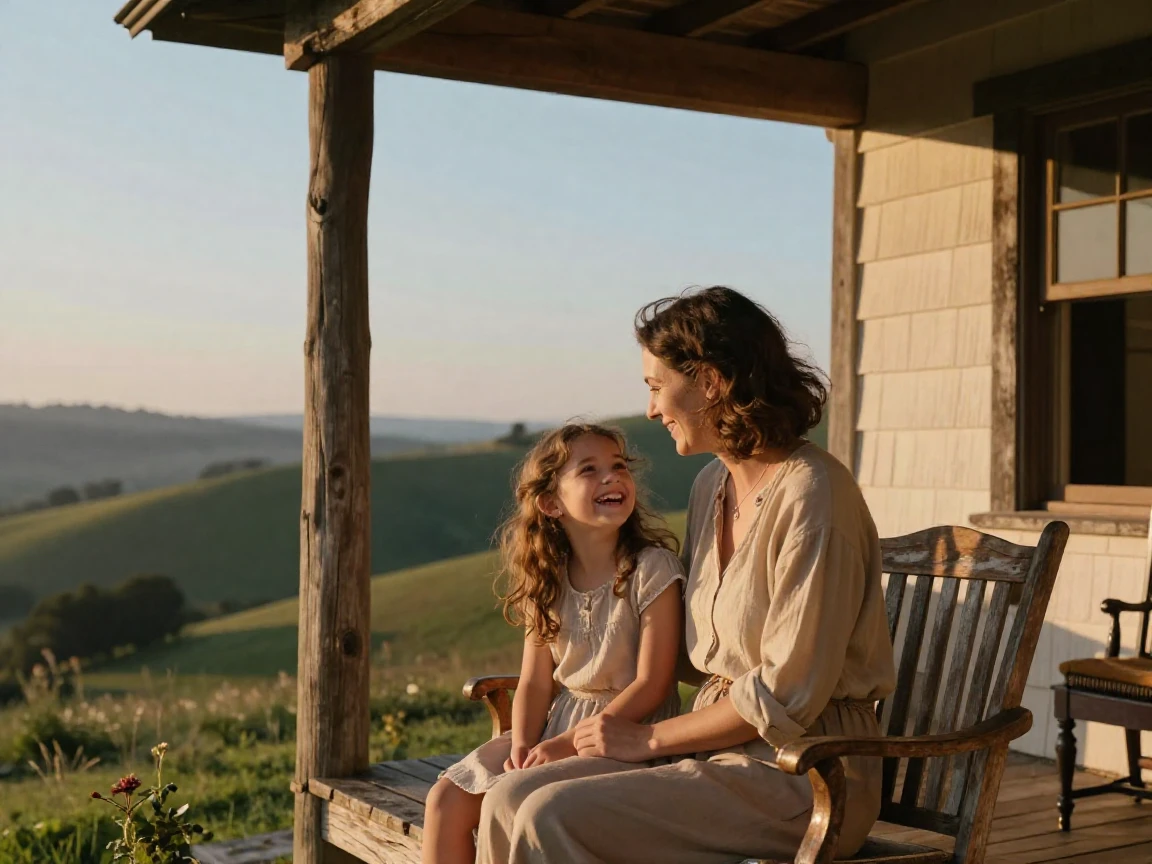 A mother and daughter sharing a quiet laugh together on a wooden porch overlooking rolling hills