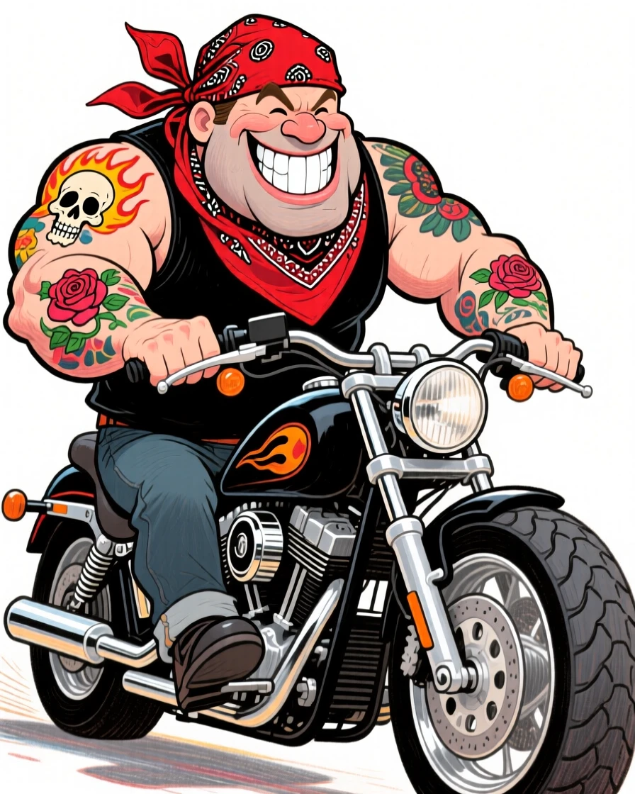 A big burly biker with tattoos covering both arms, a bandana, and a wide friendly grin astride his motorcycle.