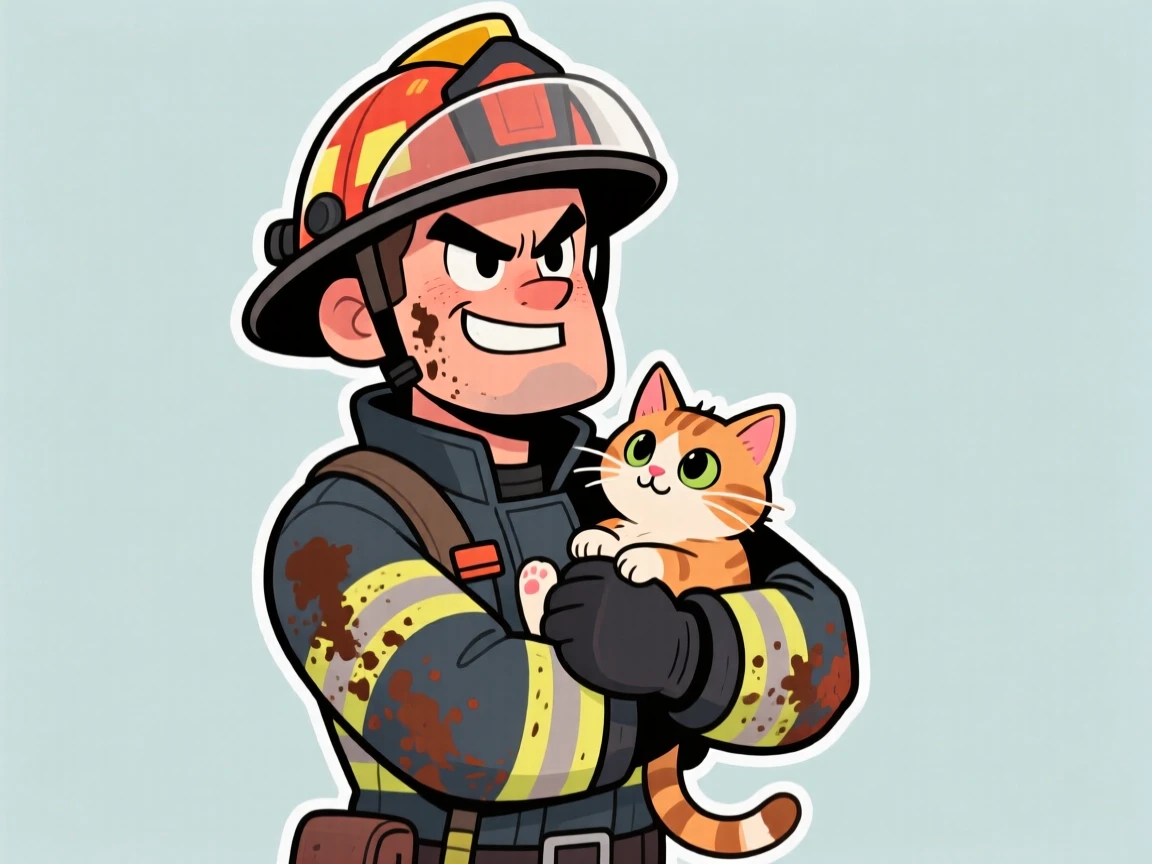A charming portrait of a fearless firefighter carrying a rescued kitten under one arm, helmet slightly askew, soot smudged on a determined face.