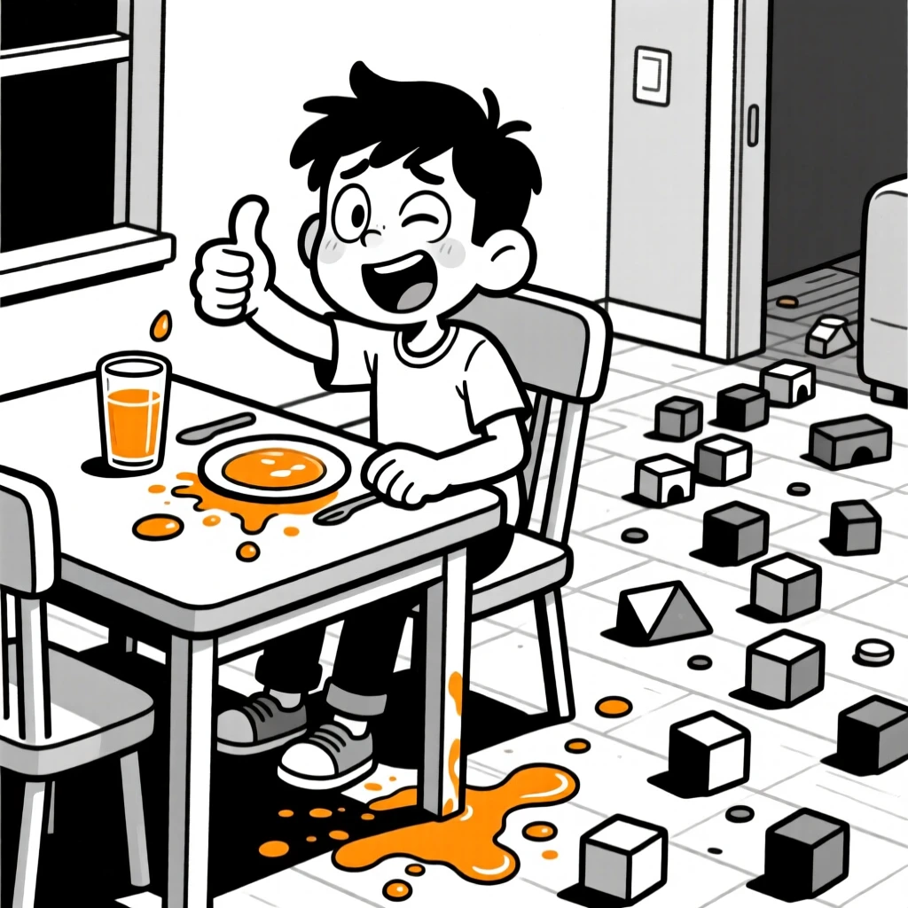 A teenage boy rolling his eyes at his parents, giving an exaggerated thumbs up, set at a breakfast nook with orange juice spilled nearby. A trail of building blocks leads across the floor. The image captures the joyful mess of home life.