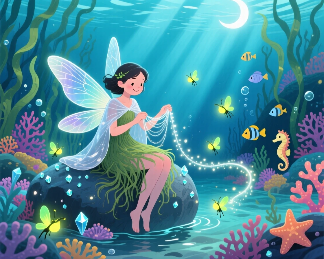 In an underwater kingdom, a gentle forest fairy discovers a moment of wonder while weaving a cloak out of moonbeams, with fireflies weaving glowing trails.