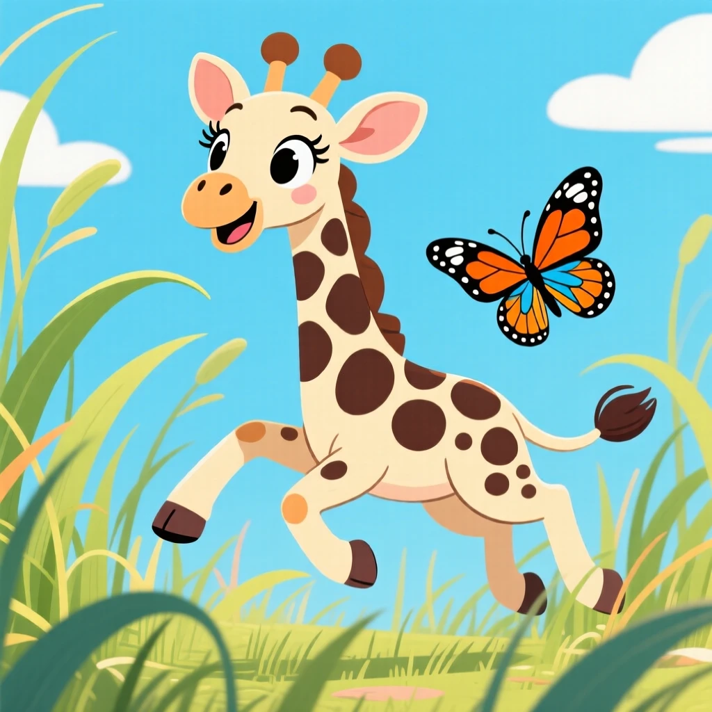 A spotted baby giraffe chasing a butterfly through tall grass.