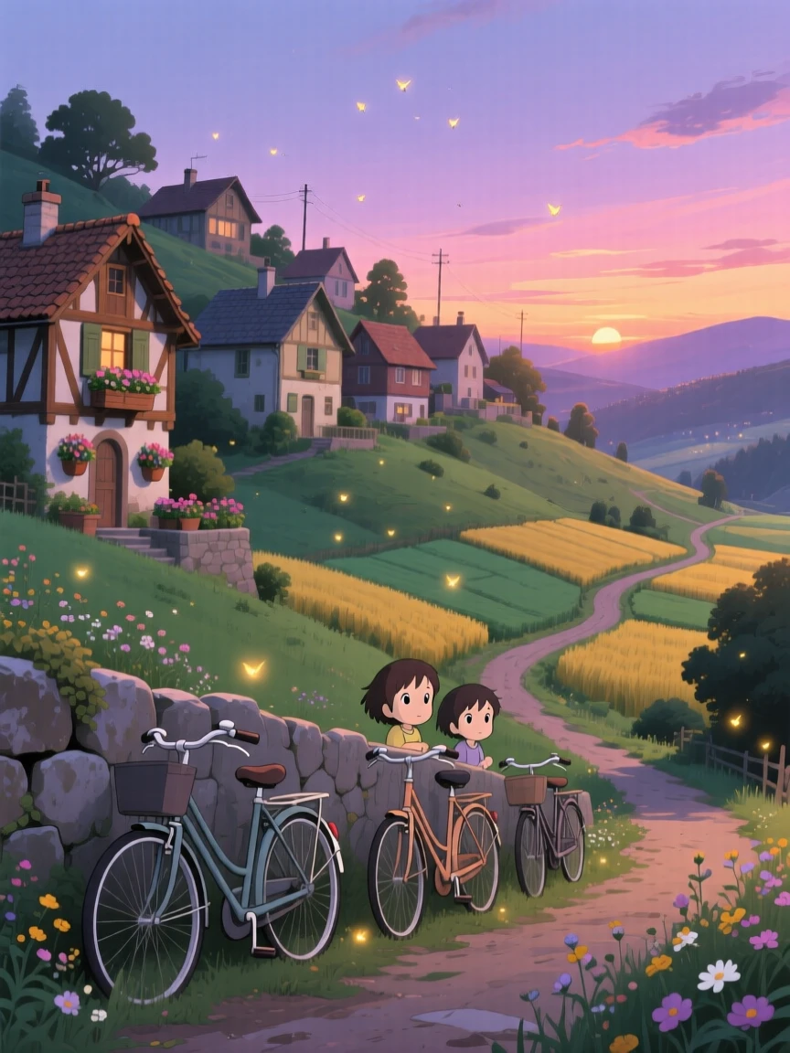 A hillside village overlooking a patchwork of fields, with bicycles leaning against a low stone wall, as evening settles in.