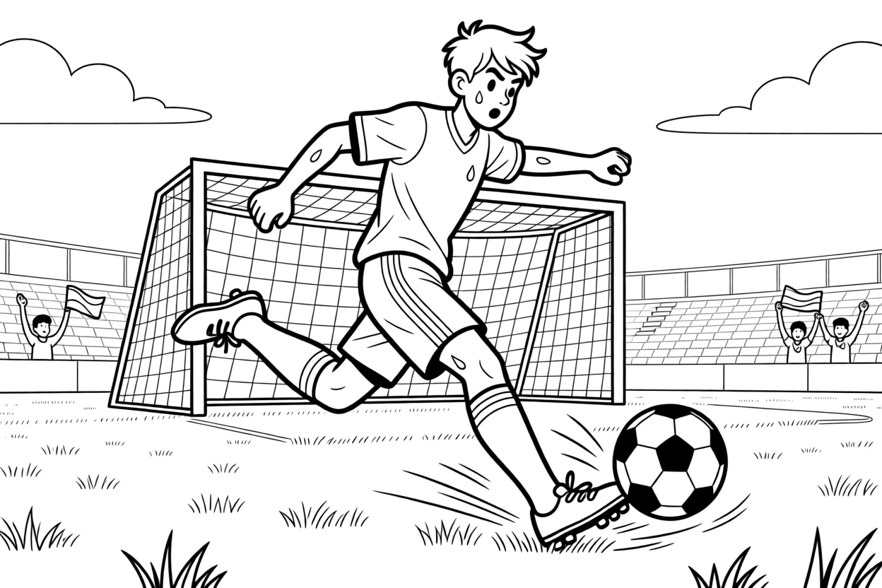 A soccer player striking the ball toward the goal, with sweat and motion lines emphasizing the movement.