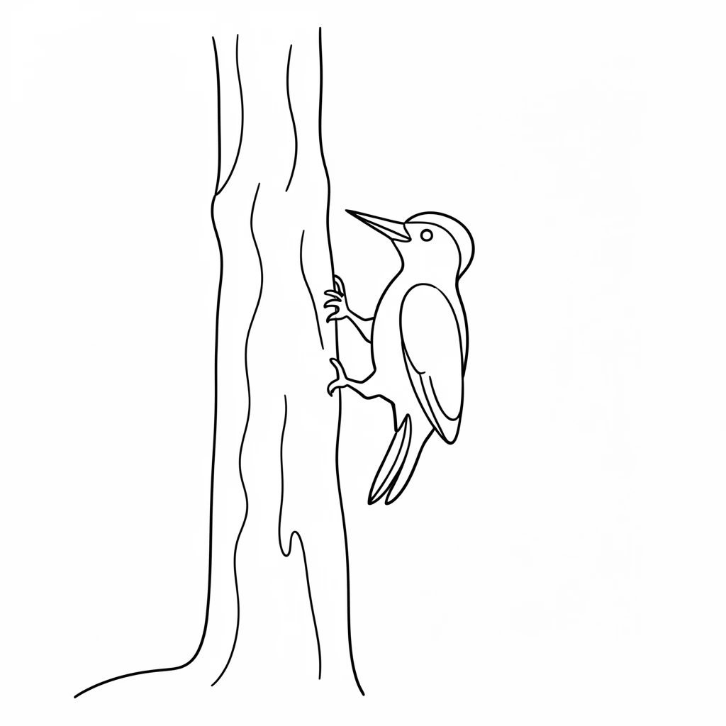 A woodpecker tapping at the trunk of a tall forest tree