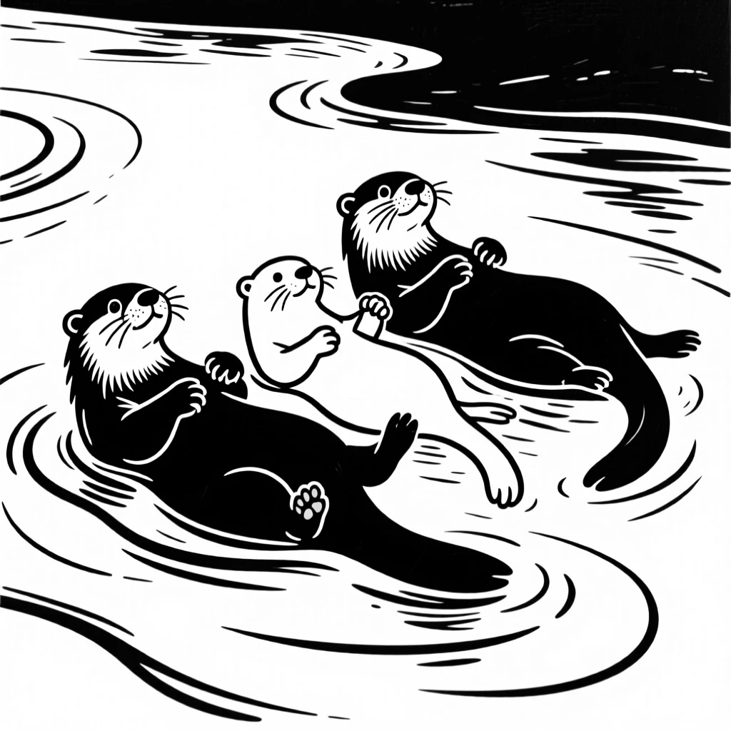 A family of otters floating on their backs in a calm river, holding paws.
