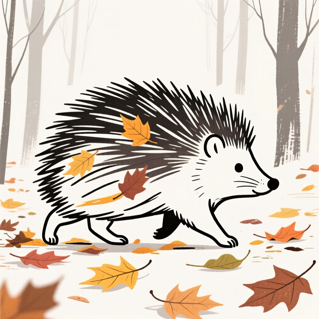 A porcupine walking through fallen autumn leaves in a quiet forest.