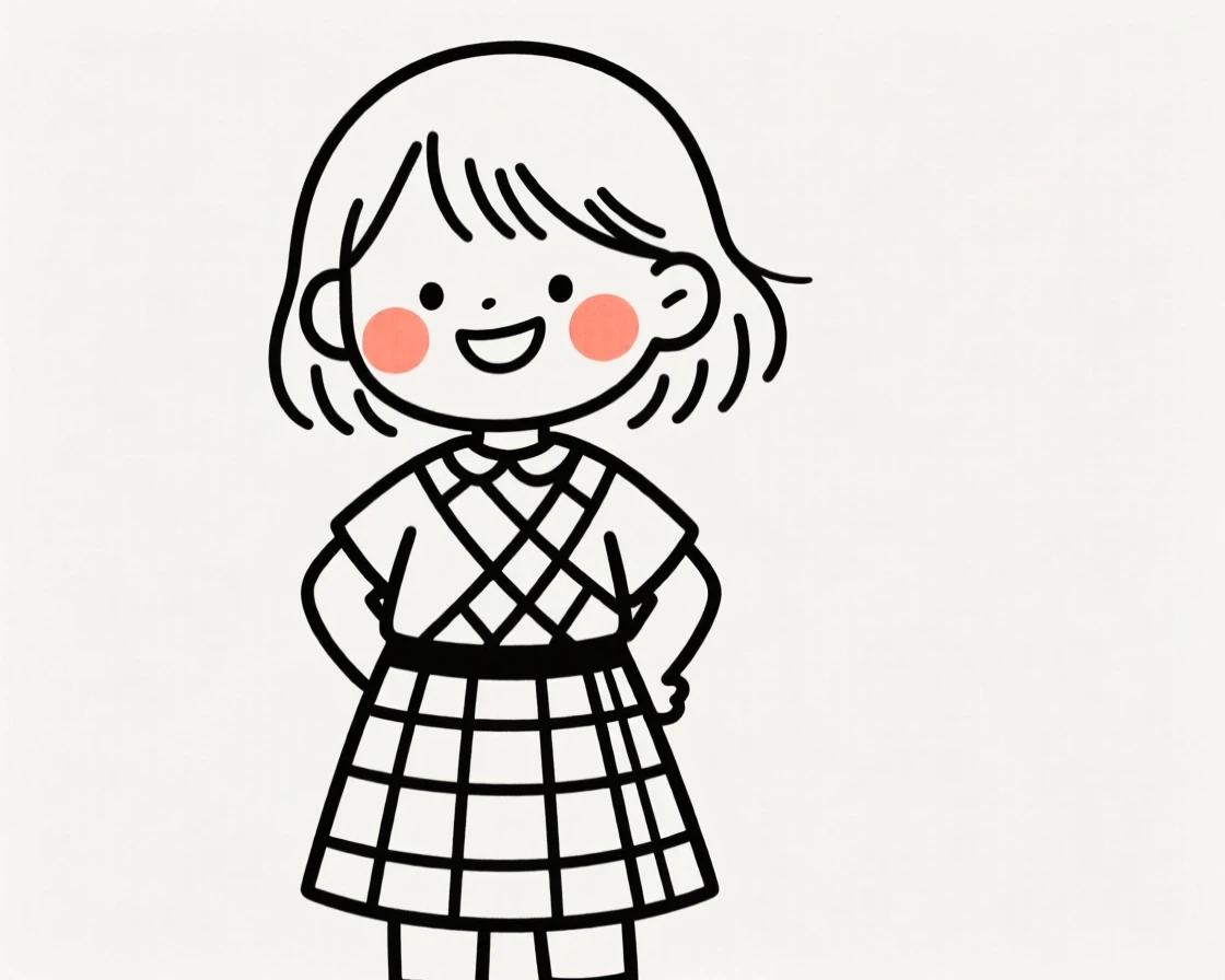 A little girl wearing a Scottish kilt, grinning mischievously.