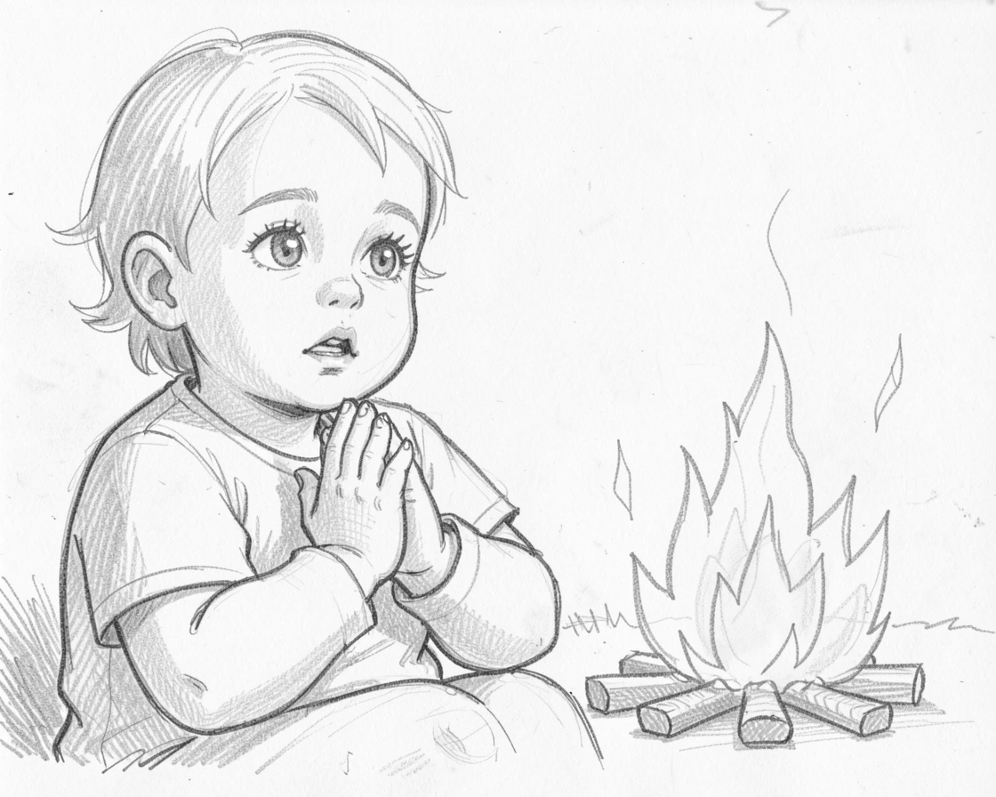 Close-up portrait of a curious toddler beside a crackling campfire, with hands folded in prayer.