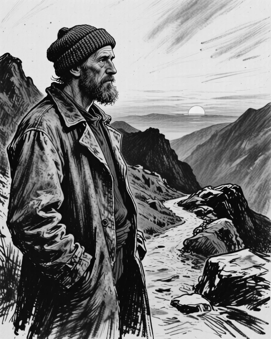 A weathered sailor gazing thoughtfully into the distance at sunset, on a mountain trail.