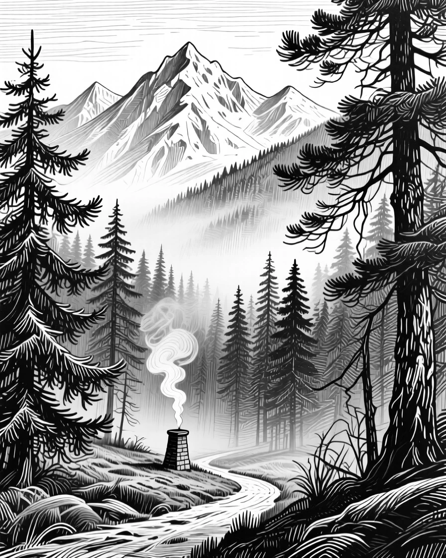 A misty pine forest surrounded by distant snow-capped peaks, with a thin trail of smoke from a distant chimney, evoking a windswept and dramatic atmosphere in a wide, balanced composition.