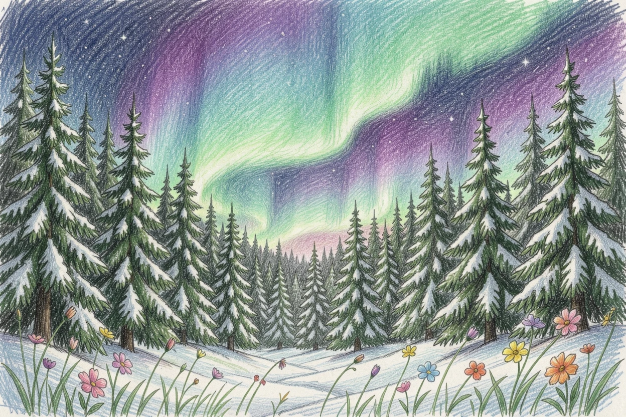 A snow-covered pine forest under a sky full of northern lights, surrounded by wildflowers swaying gently in the wind, meant to inspire a longing for travel and adventure.