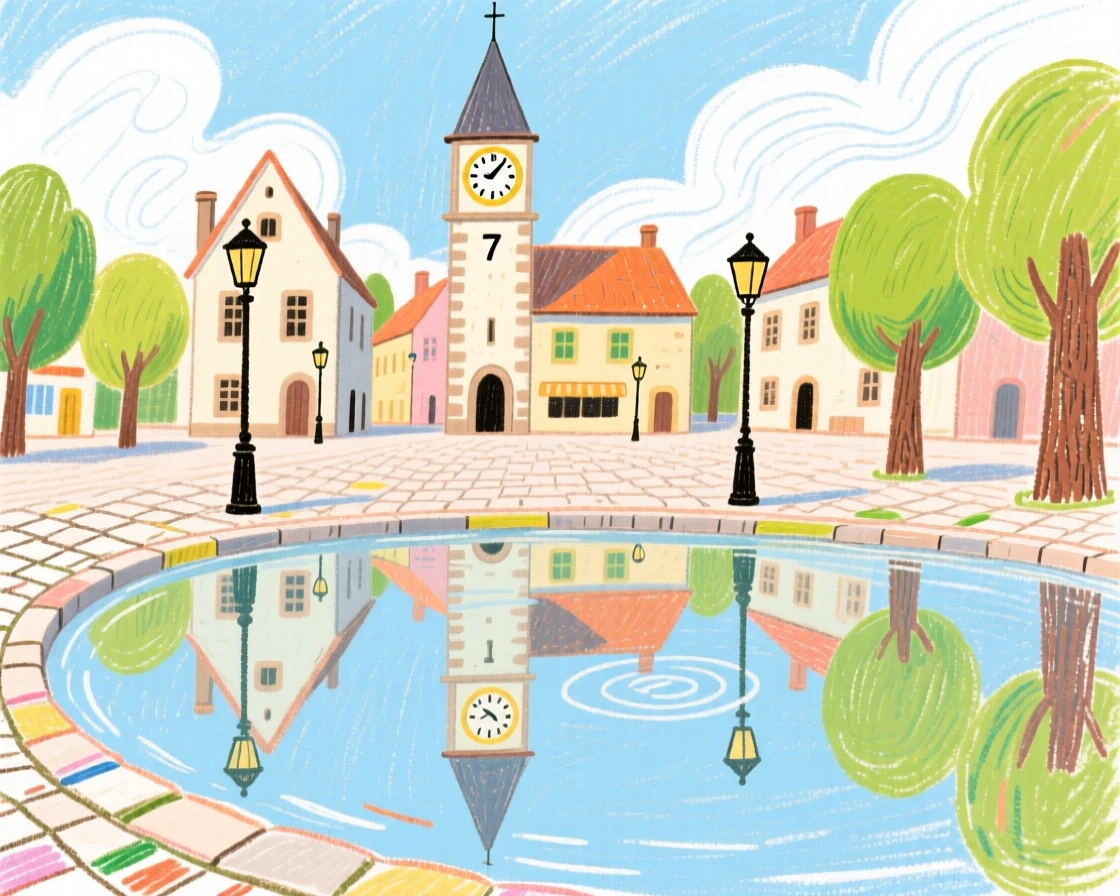 A view of a historic town square reflected perfectly in still morning water.