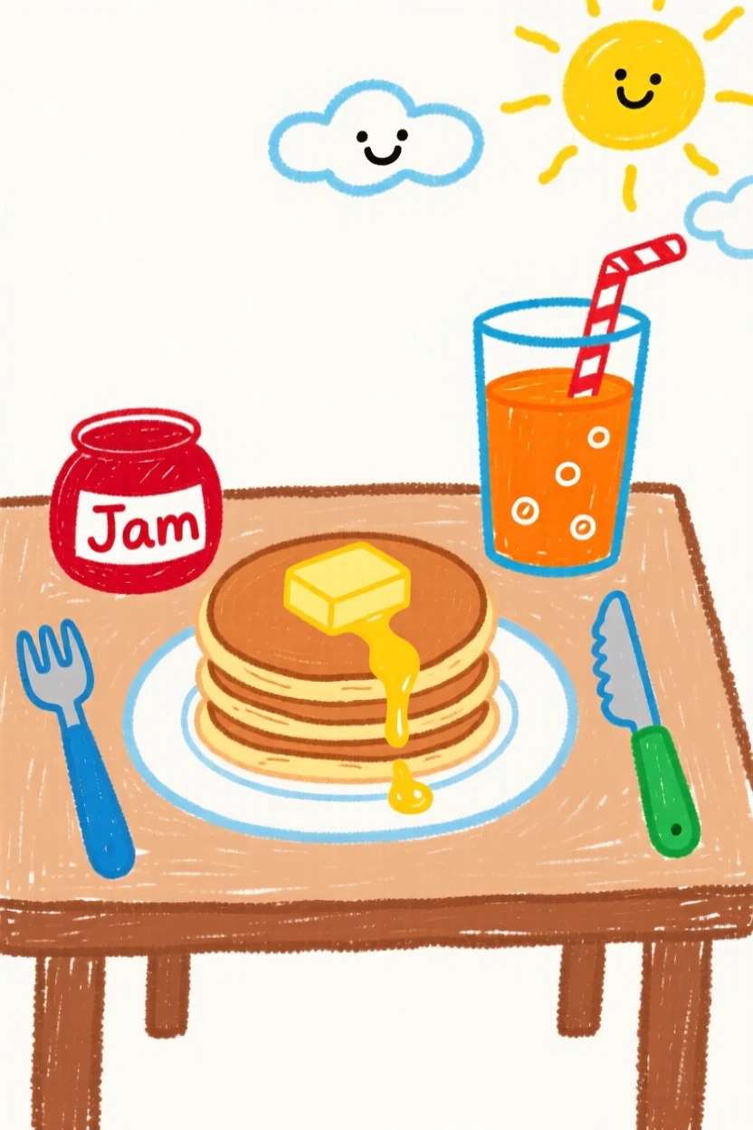 A table set for a pancake breakfast with fresh orange juice.