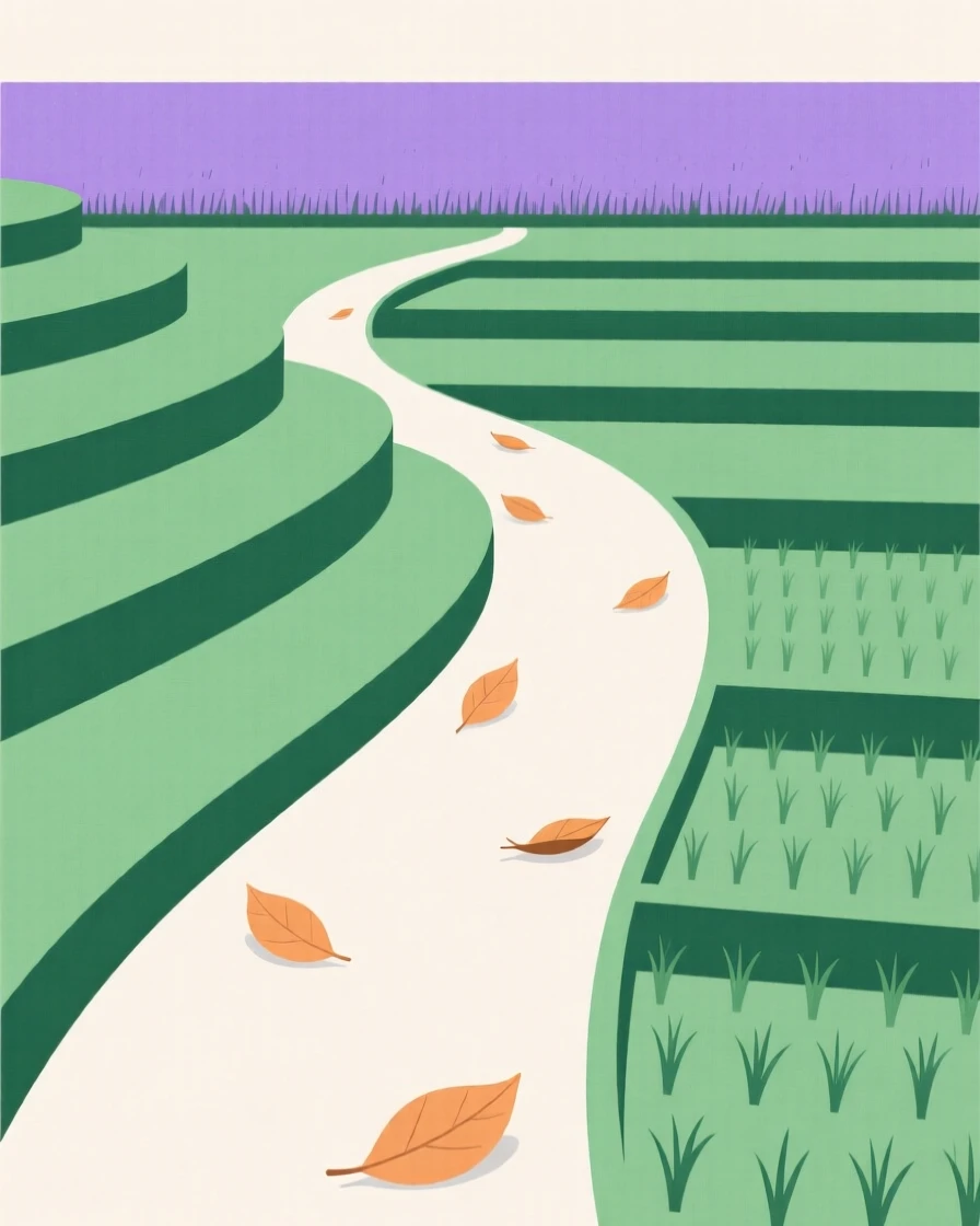 A winding path through a terraced rice paddy leading toward a lavender field, with a scattering of fallen leaves scattered along the way, radiating gentle stillness.