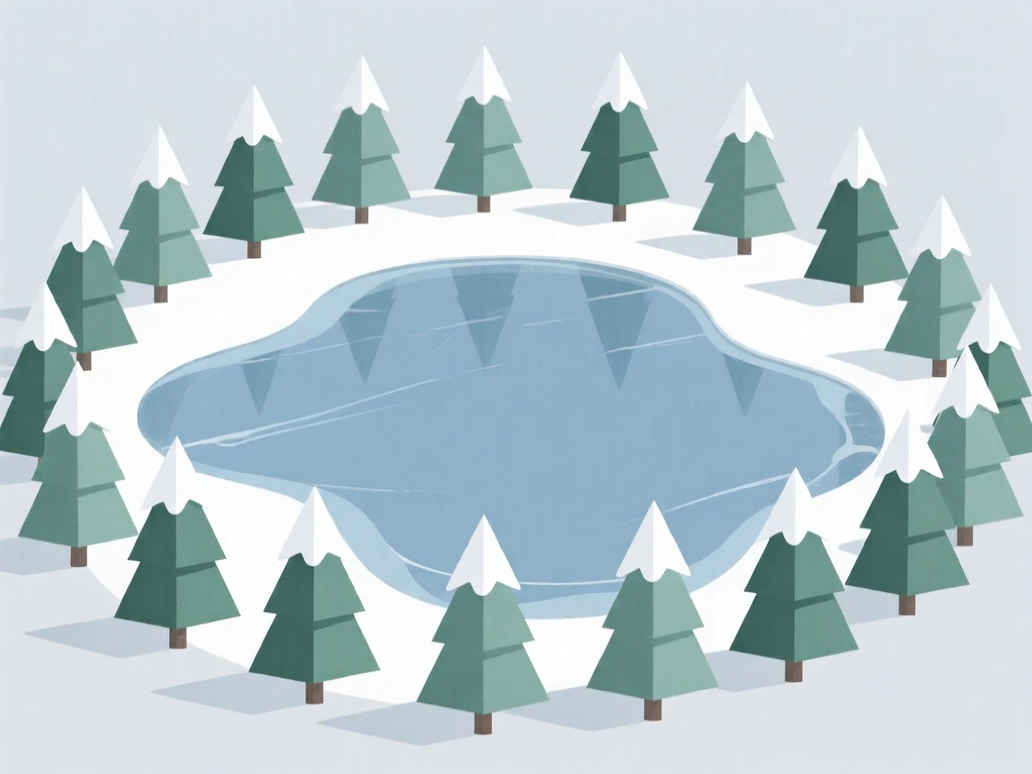 A frozen lake surrounded by snow-covered pines