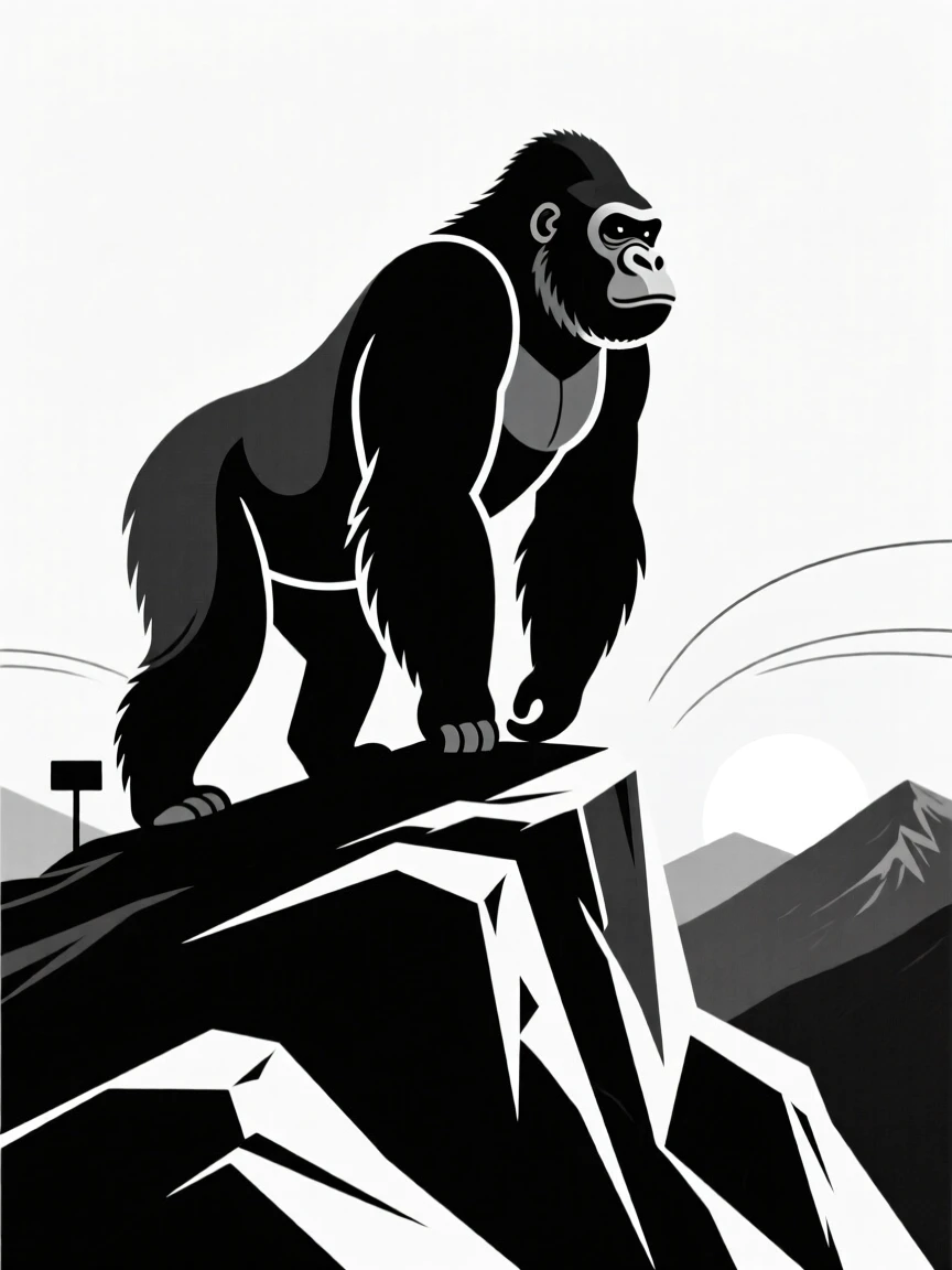 A mountain gorilla standing on a rocky ridge at dawn.