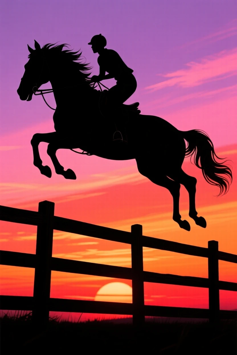 A horse and rider soaring over a wooden fence mid-jump, both bodies extended in a perfect arc.