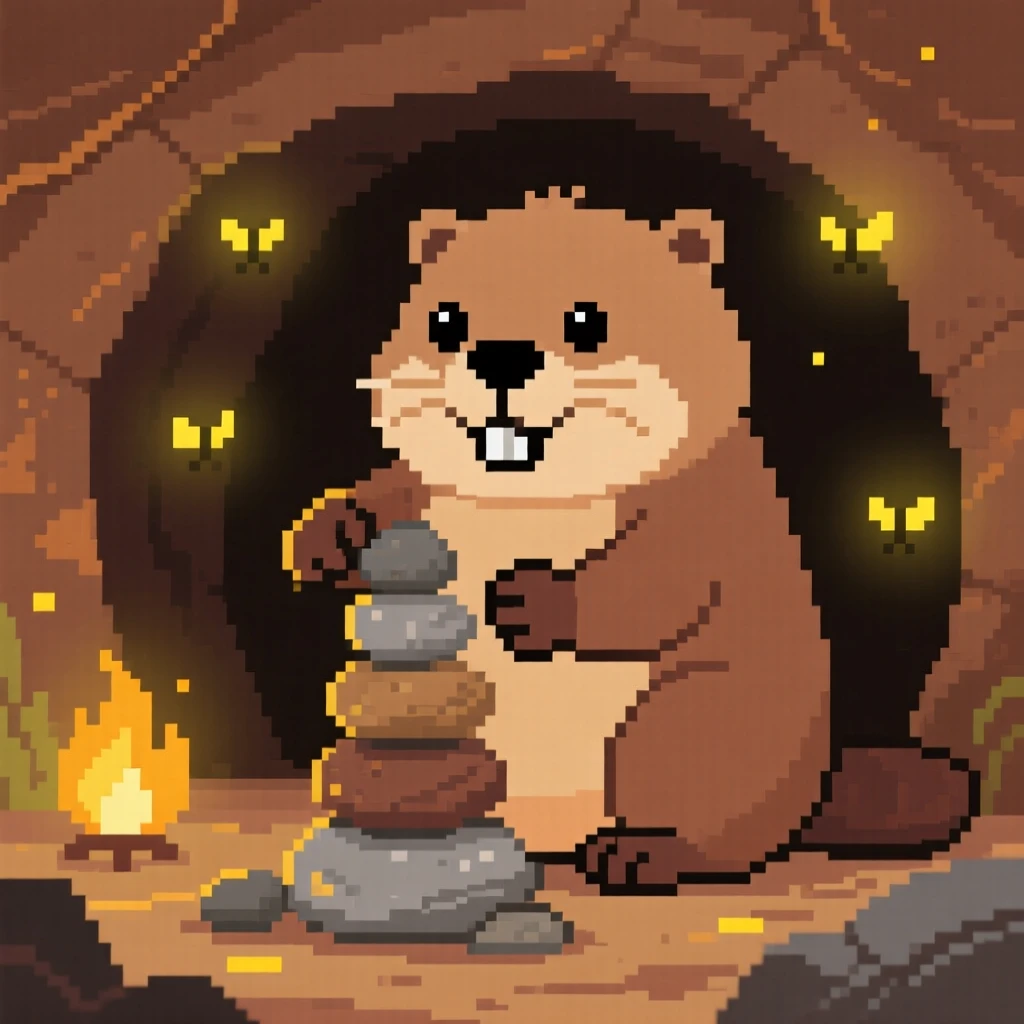 A chubby beaver stacking pebbles into a tiny tower, inside a cozy burrow lit by fireflies.