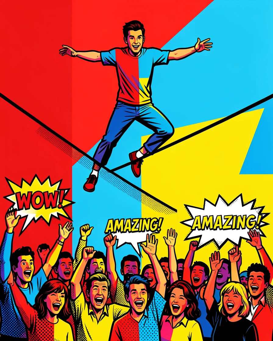 A tightrope walker balancing high above a cheering crowd