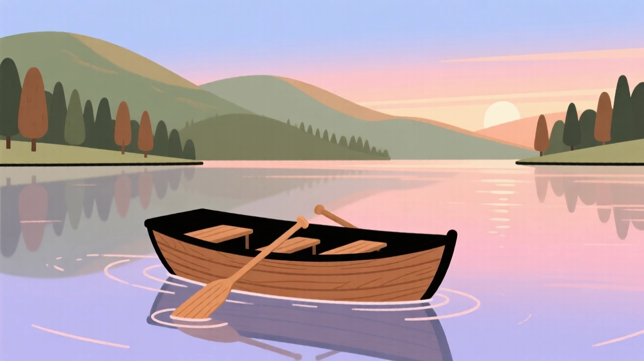 A lone small wooden rowboat drifts across a still mountain lake as the first light of dawn stretches across the surface and forested hills rise in the distance.