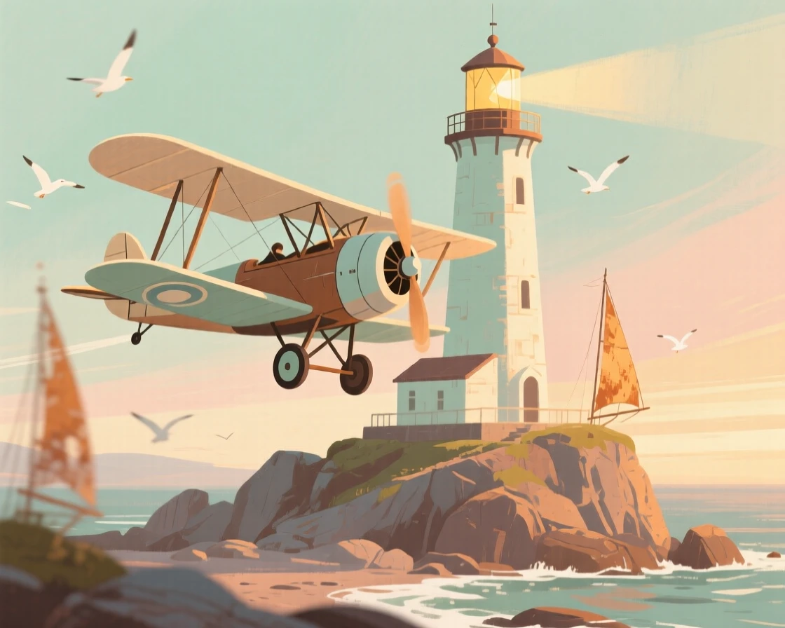 A vintage biplane flying low over a lighthouse on a rocky coast