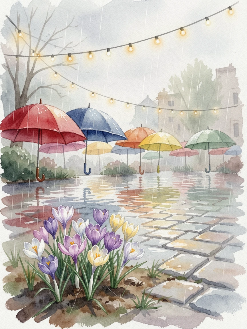 A rainy April day with colorful umbrellas and blooming crocuses under strings of warm fairy lights.