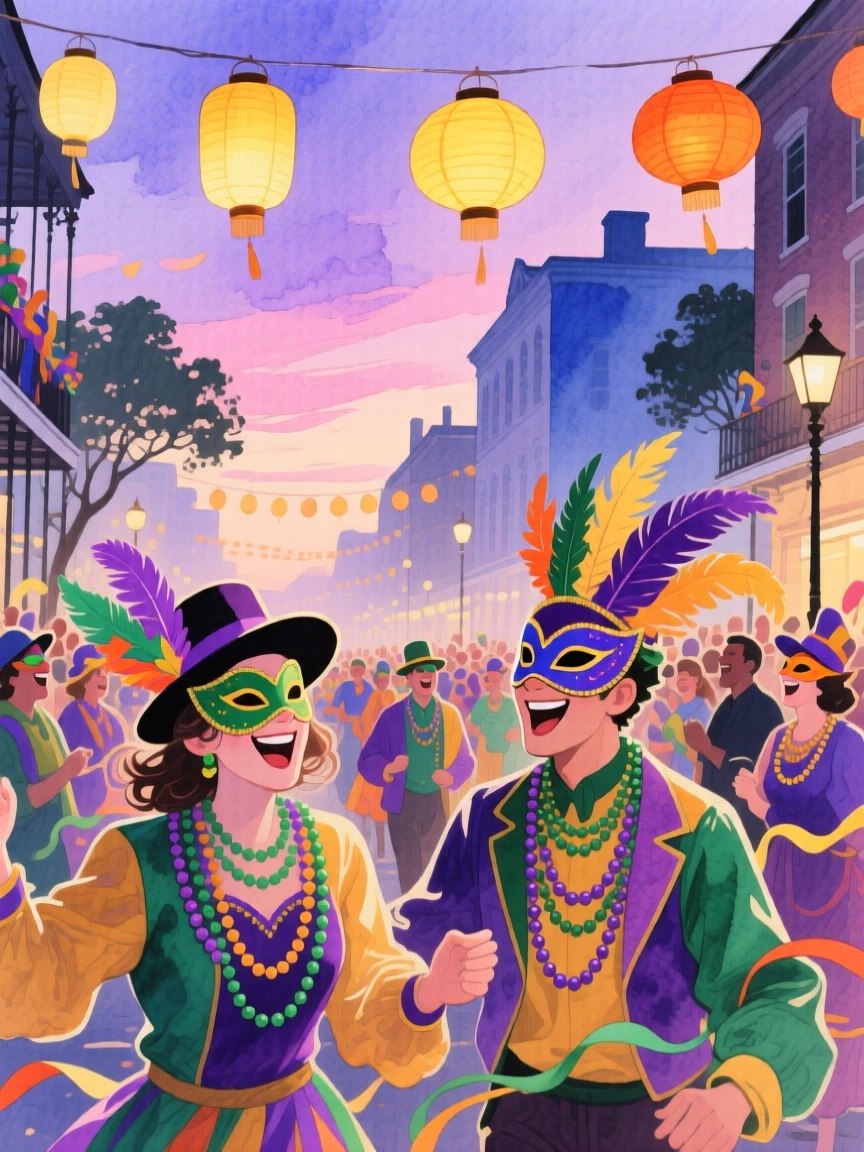 A joyful scene of a Mardi Gras street parade, with lanterns glowing softly at dusk, capturing the warmth of the celebration