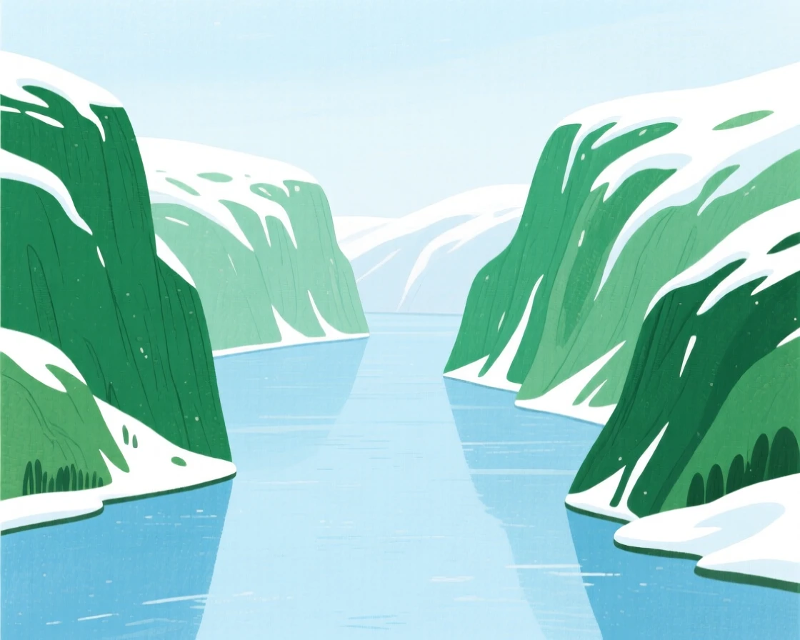 A sweeping view of a quiet fjord between steep green cliffs under a blanket of winter snow.
