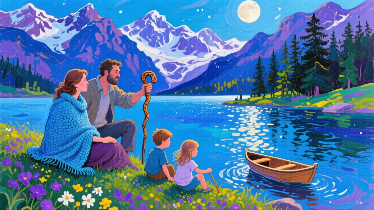 a family resting beside an alpine lake, beneath a moonlit sky, with layered visual detail from foreground to horizon.
