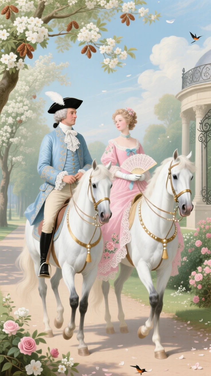 A noble couple riding white horses through an avenue of blooming chestnut trees  