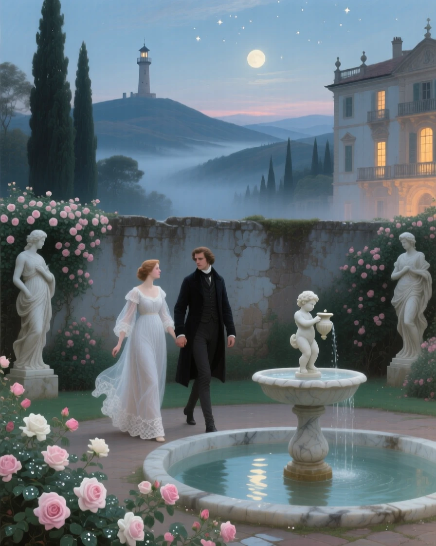 In soft morning mist, Two lovers in a moonlit walled garden, walking hand in hand beside a fountain, surrounded by climbing roses, marble statues, and a palace glowing beyond the cypress trees; one distant landmark appears beyond layered hills, the world feels newly discovered.