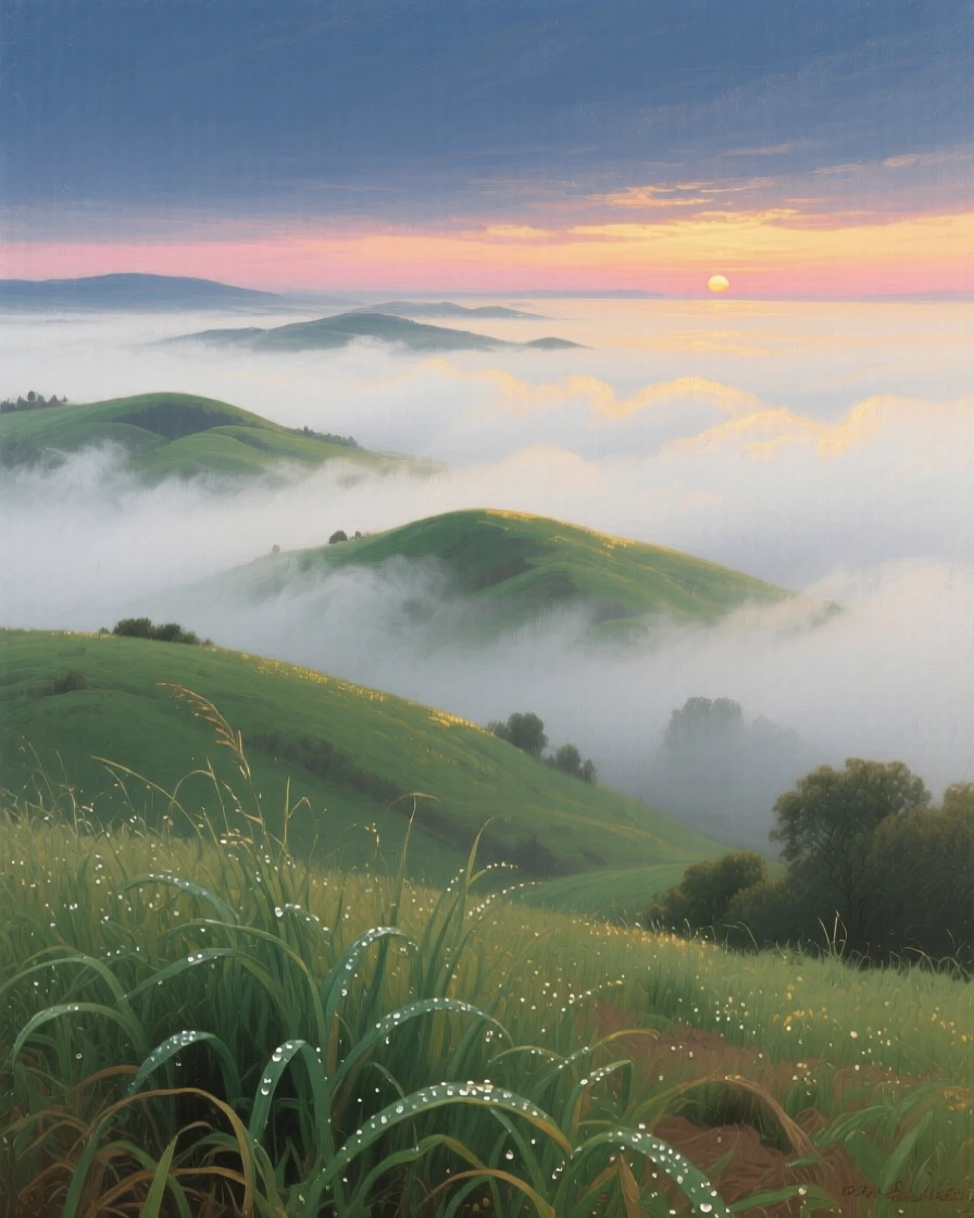 A thick fog rolling over rolling green hills at dawn, as gentle waves of heat shimmer above the ground, conveying the peaceful isolation of a place few have ever seen