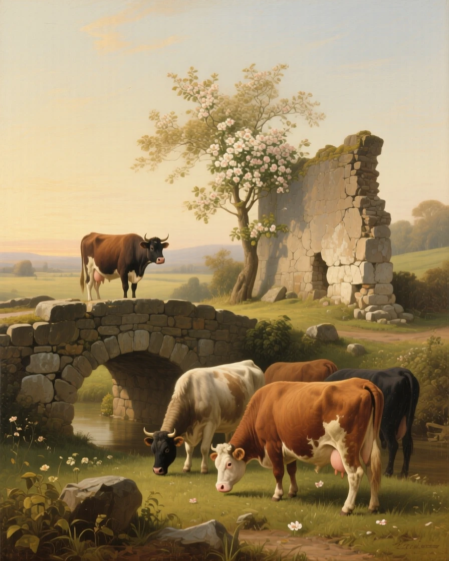 A peaceful countryside with grazing cattle beside a rustic stone bridge captured in the fleeting stillness of a perfect moment, set beside the remnants of an old stone wall or ruin, with golden light catching the edges of every leaf and petal; a single striking element anchors an otherwise open, breathing composition, filled with calm, restorative beauty.