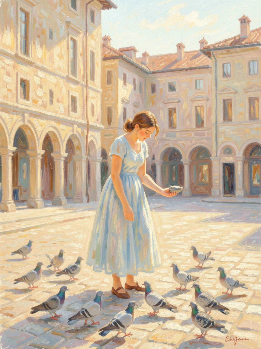 A young woman feeding pigeons in a sunlit piazza surrounded by historic architecture.