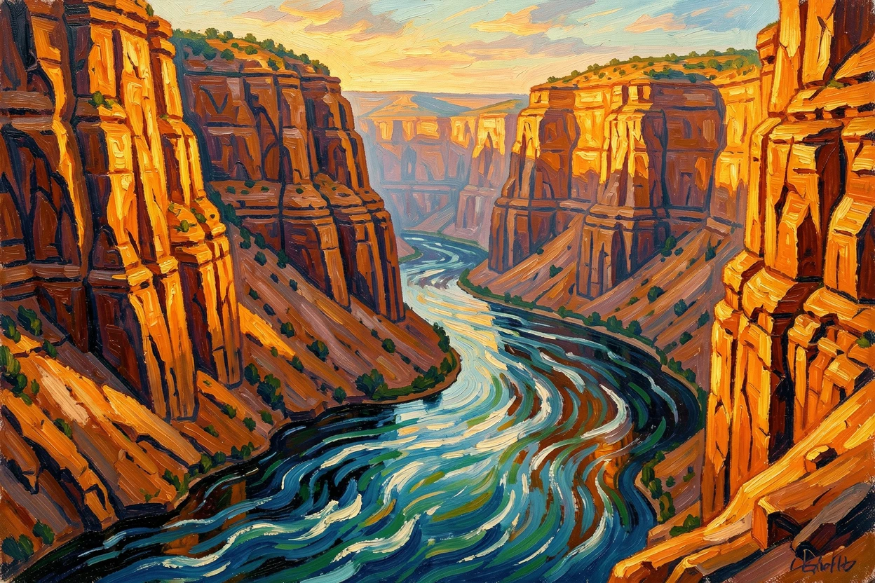 A dramatic canyon carved by a winding river, layered rock walls glowing amber in the evening light.