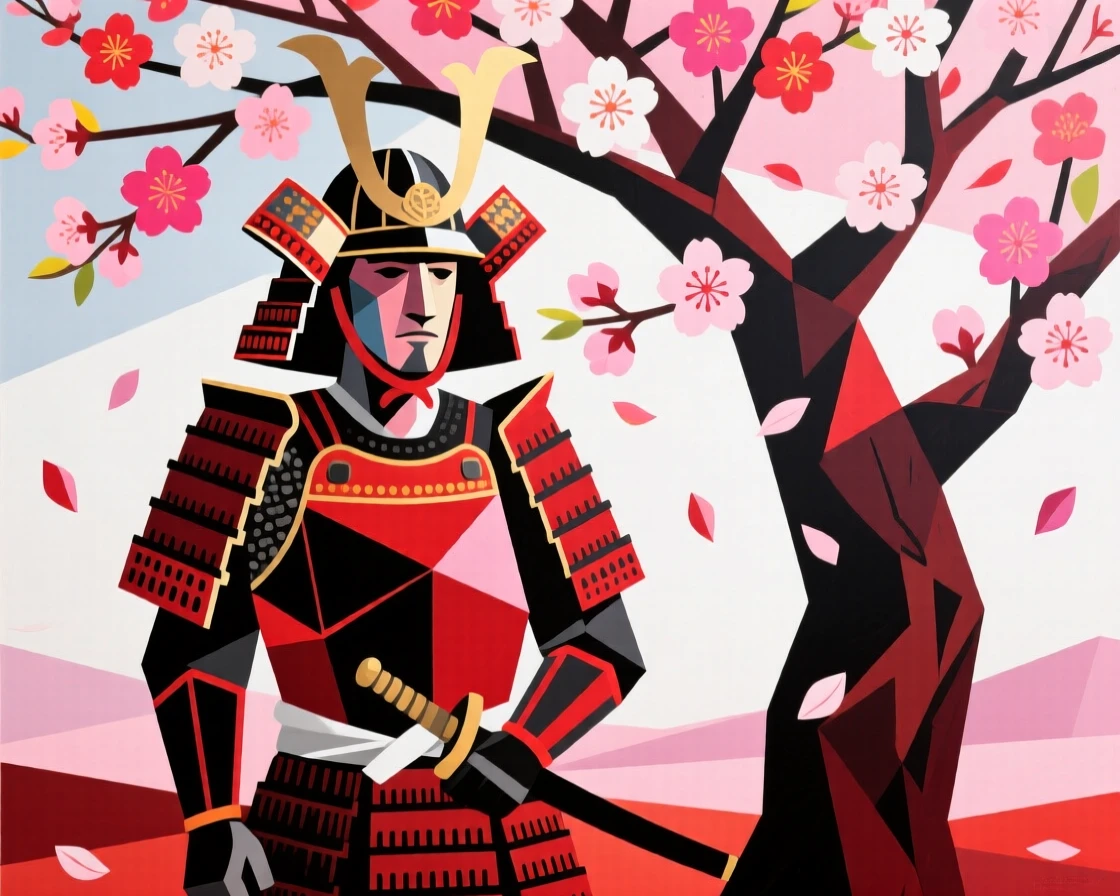 A samurai standing at attention beneath the blossoms of an ancient cherry tree.