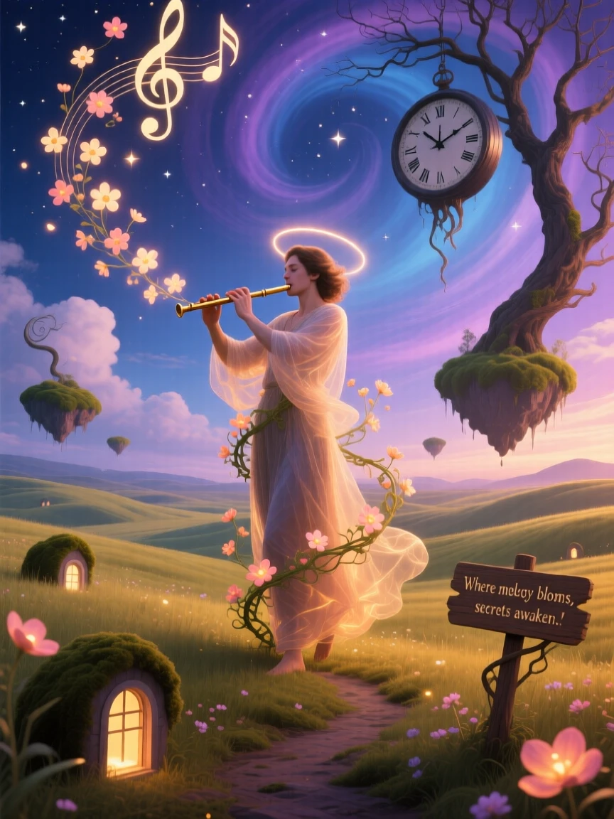 A wandering musician whose flute music grows small glowing flowers moves gracefully through a scene bathed in soft golden light, while soft light gathers warmly around their figure.