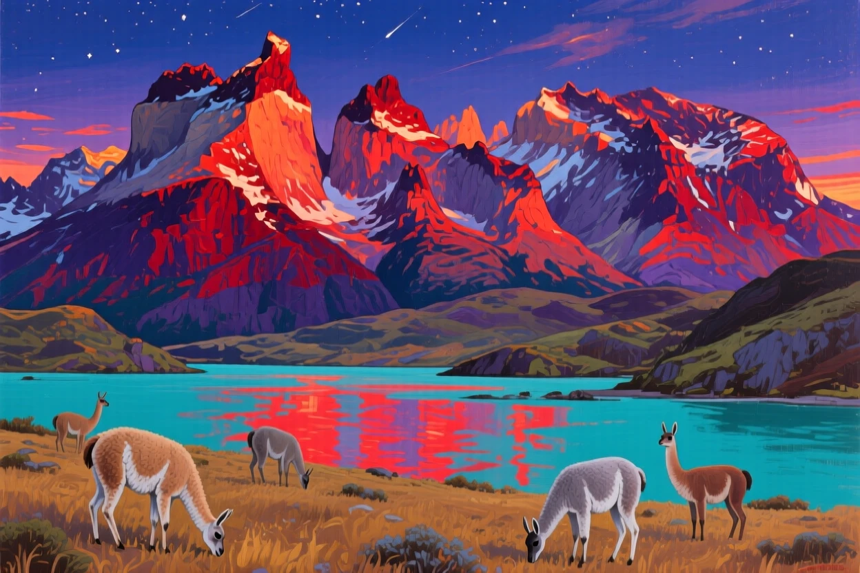 The Torres del Paine massif glows crimson at last light, guanacos grazing on the open steppe in the foreground, a turquoise lake catching the fading color as the first stars appear overhead.