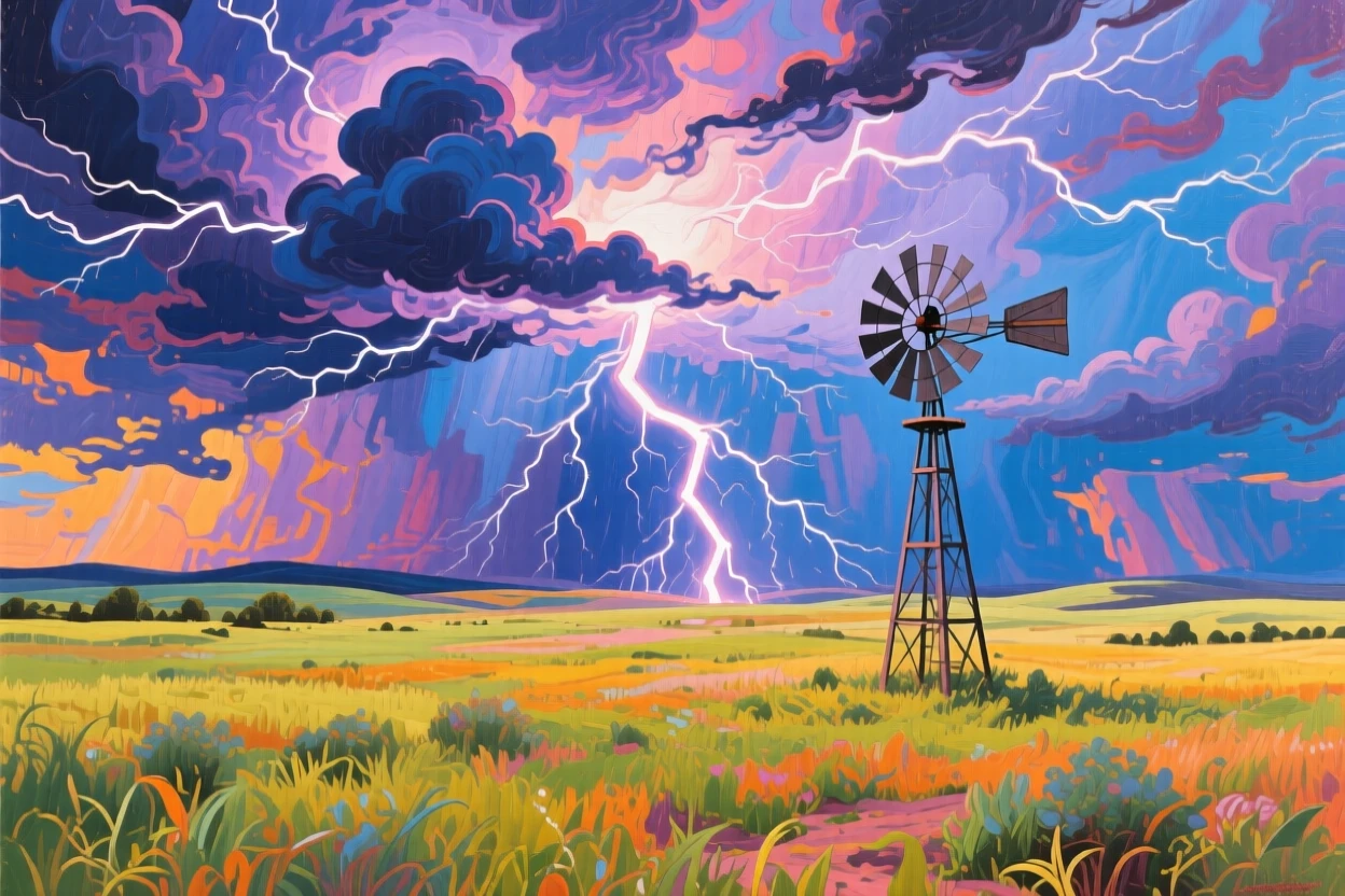 A dramatic thunderstorm rolling over open prairie grassland, a bolt of lightning striking near a solitary windmill