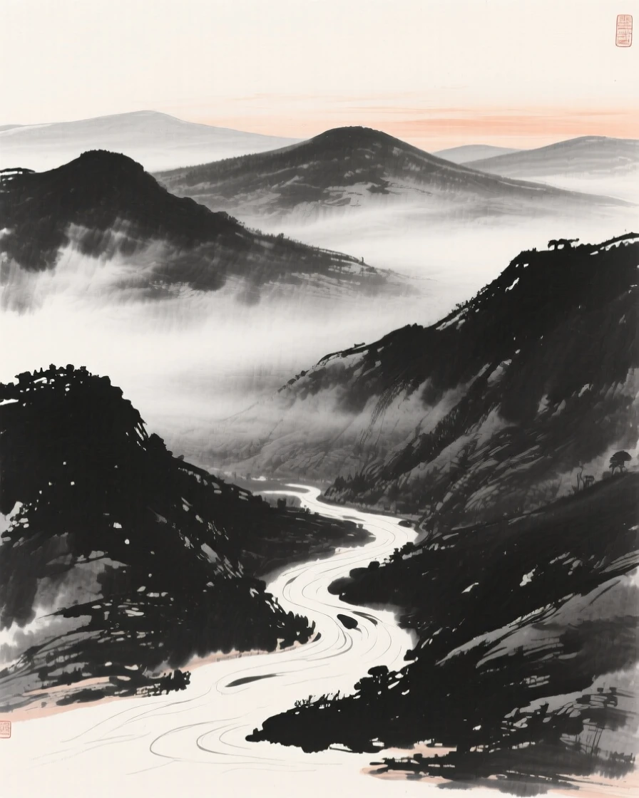 a rolling range of hills, cloaked in thin evening vapor, with a stream threading through the valley beneath it.
