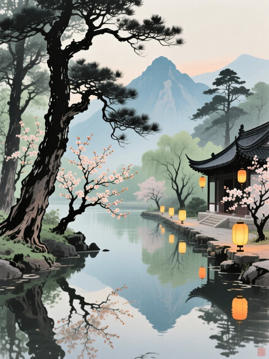 An ancient cypress grove beside a quiet temple stream, with the reflection of the peaks doubling the scene in still water, conveying a deep sense of harmony with nature, as spring blossoms unfold, as lanterns are lit for the evening.