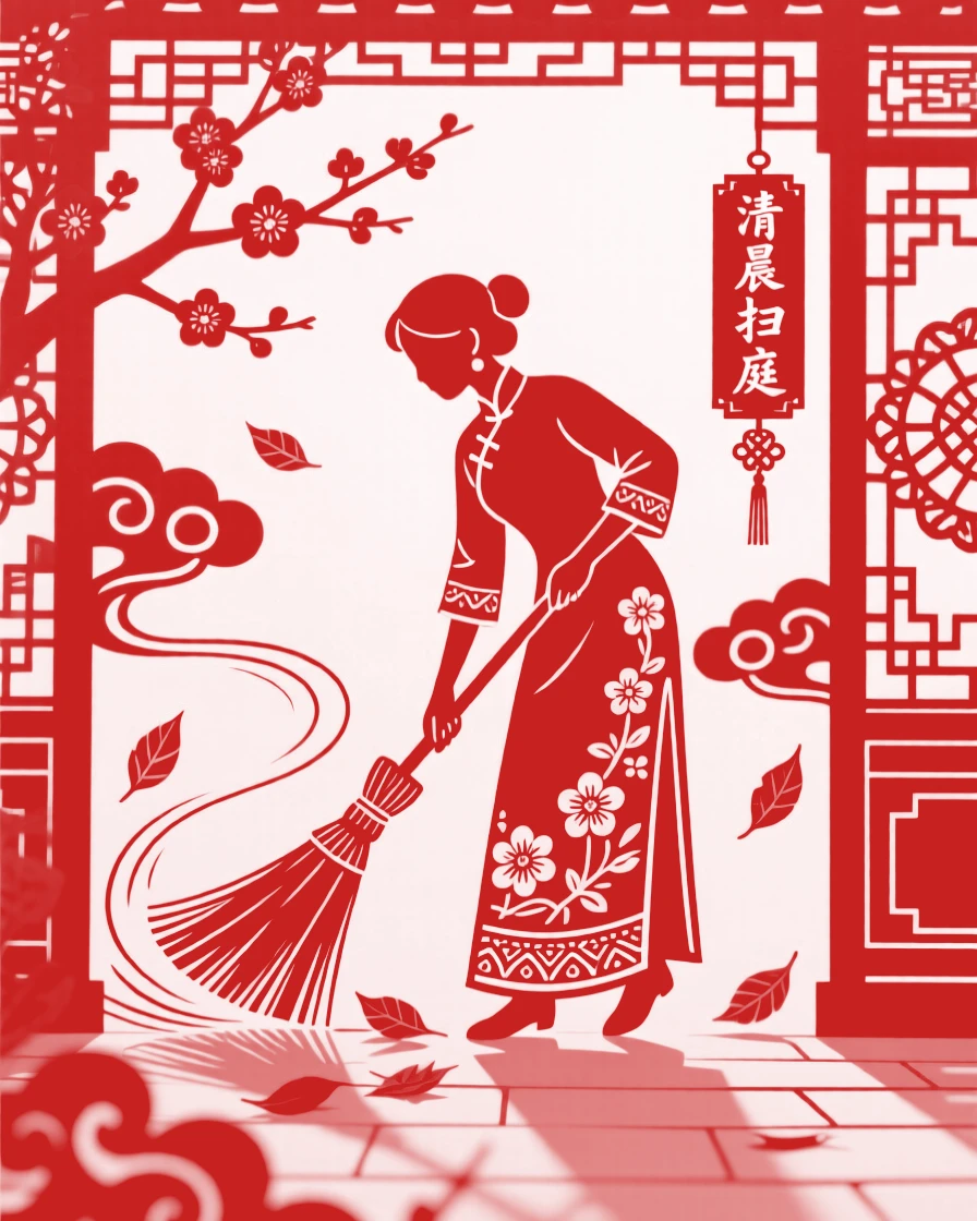 A woman sweeping fallen leaves from a courtyard at dawn, the broom's strokes leaving neat curving lines