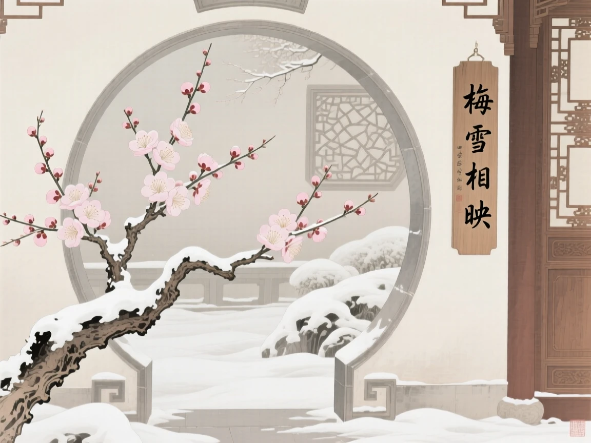 Plum blossoms on a snow-dusted branch framed by a moon gate entrance